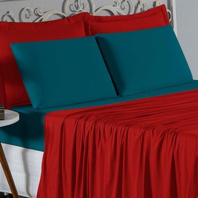 Jogo  Cama King Nobre 4 Peças Lençol  Elástico  30cm  Altura  100% Algodão  Vermelho  Petróleo