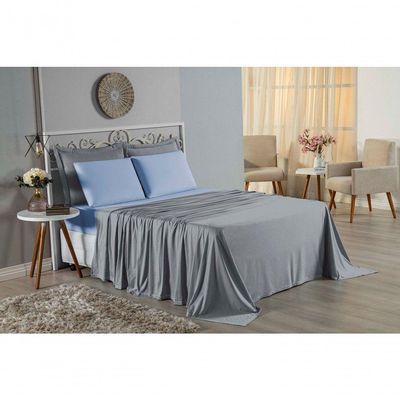Jogo  Cama Casal Nobre 4 Peças Lençol  Elástico  30cm  Altura  100% Algodão  Cinza  Azulbebê