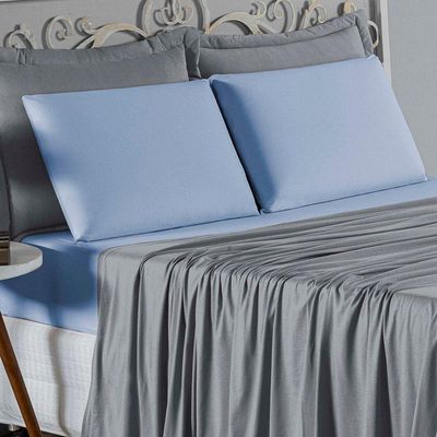 Jogo  Cama Casal Nobre 4 Peças Lençol  Elástico  30cm  Altura  100% Algodão  Cinza  Azulbebê