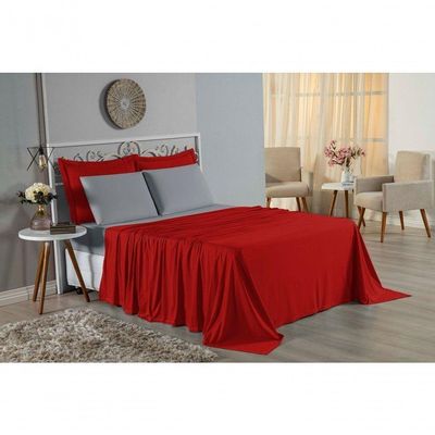 Jogo  Cama Casal Nobre 4 Peças Lençol  Elástico  30cm  Altura  100% Algodão  Vermelho  Cinza