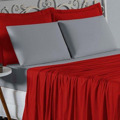 Jogo  Cama Casal Nobre 4 Peças Lençol  Elástico  30cm  Altura  100% Algodão  Vermelho  Cinza