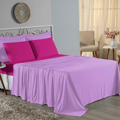 Jogo  Cama Casal Nobre 4 Peças Lençol  Elástico  30cm  Altura  100% Algodão  Lilás  Pink