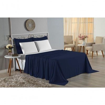 Jogo  Cama Solteiro Nobre 3 Peças Lençol  Elástico  30cm  Altura  100% Algodão  Azulmarinho  Branco