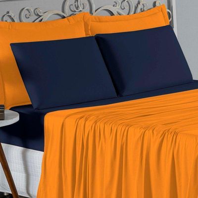 Jogo  Cama Queen Nobre 4 Peças Lençol  Elástico  30cm  Altura  100% Algodão  Laranja  Azulmarinho