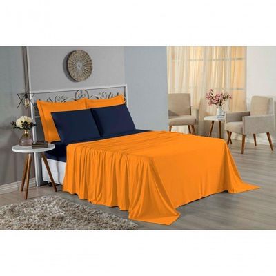 Jogo  Cama Queen Nobre 4 Peças Lençol  Elástico  30cm  Altura  100% Algodão  Laranja  Azulmarinho