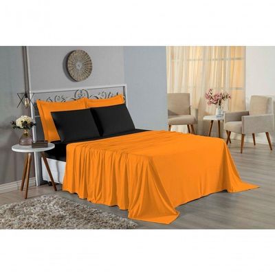 Jogo  Cama Queen Nobre 4 Peças Lençol  Elástico  30cm  Altura  100% Algodão  Laranja  Preto