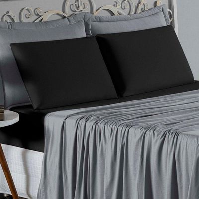 Jogo  Cama Queen Nobre 4 Peças Lençol  Elástico  30cm  Altura  100% Algodão  Cinza  Preto