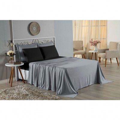 Jogo  Cama Queen Nobre 4 Peças Lençol  Elástico  30cm  Altura  100% Algodão  Cinza  Preto