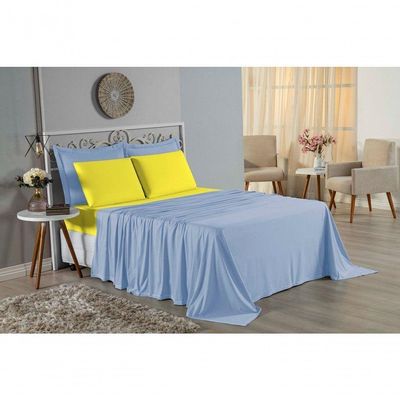 Jogo  Cama Queen Nobre 4 Peças Lençol  Elástico  30cm  Altura  100% Algodão  Azulbebê  Amarelo