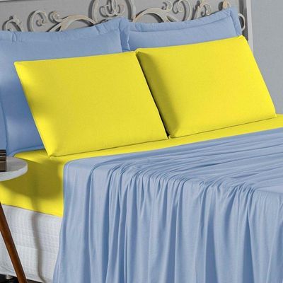 Jogo  Cama Queen Nobre 4 Peças Lençol  Elástico  30cm  Altura  100% Algodão  Azulbebê  Amarelo