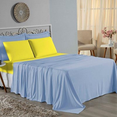 Jogo  Cama Queen Nobre 4 Peças Lençol  Elástico  30cm  Altura  100% Algodão  Azulbebê  Amarelo