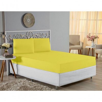 Jogo De Cama Casal Nobre 3 Peças Lençol Com Elástico De 30cm De Altura Malha 100% Algodão - Amarelo