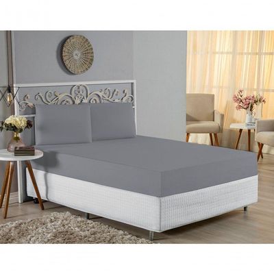 Jogo De Cama King Nobre 3 Peças Lençol Com Elástico De 30cm De Altura Malha 100% Algodão - Cinza