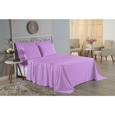 Jogo De Cama Casal Nobre 4 Peças Lençol Com Elástico De 30cm De Altura Malha 100% Algodão - Lilás