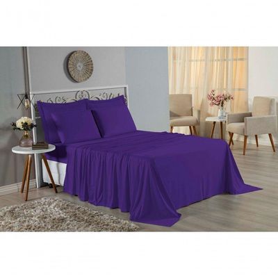 Jogo De Cama Queen Nobre 4 Peças Lençol Com Elástico De 30cm De Altura Malha 100% Algodão - Roxo