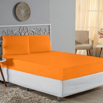 Jogo De Cama Queen Nobre 3 Peças Lençol Com Elástico De 30cm De Altura Malha 100% Algodão - Laranja