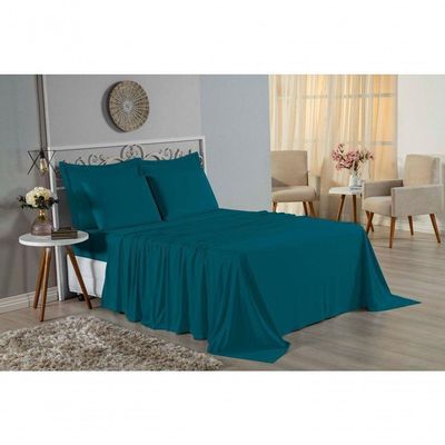 Jogo De Cama Casal Nobre 4 Peças Lençol Com Elástico De 30cm De Altura Malha 100% Algodão - Petróleo
