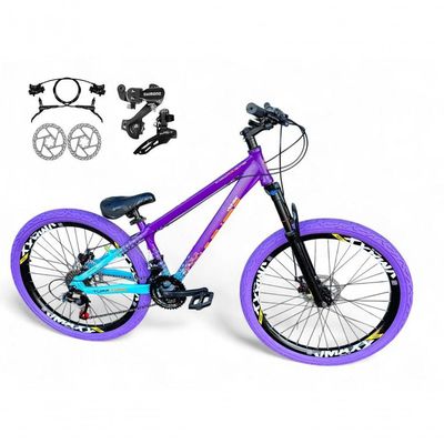 Bicicleta Aro26 Vikingx Tuff Cambio Shimano Freio Hidráulico 21v Aro Flame Roxo-Azul X44