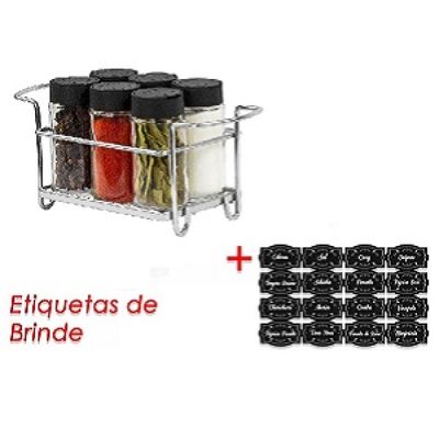 Porta Tempero Condimento 6 Potes Vidro Tampa Dosadora Suporte Cromado Organização Cozinha