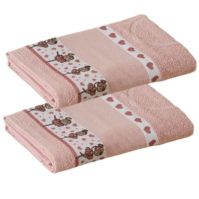 Kit ( 2 ) Toalha de Banho KazzaVip Infantil 100% Algodão Jacquard Barra para Bordar Funny Rosa