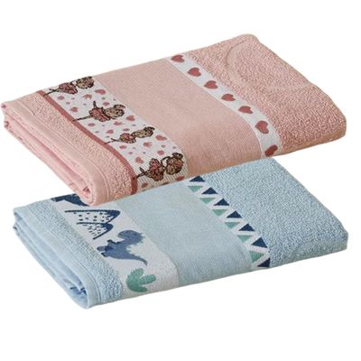 Kit ( 2 ) Toalha de Banho KazzaVip Infantil 100% Algodão Jacquard Barra para Bordar Funny Rosa e Azul