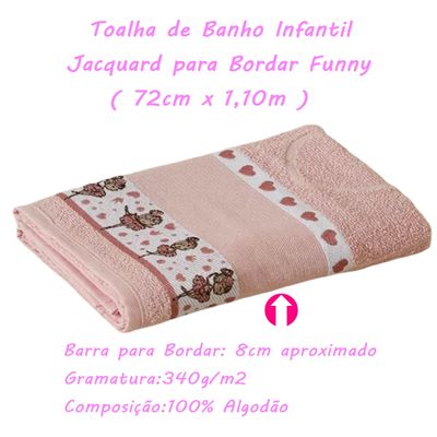 Kit ( 2 ) Toalha de Banho KazzaVip Infantil 100% Algodão Jacquard Barra para Bordar Funny Rosa