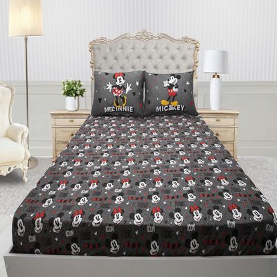 Jogo de Lençol KazzaVip Casal Malha Mista 70% Algodão e 30% Poliéster Joy Disney Mickey Minnie Bold 03 Peças Cinza