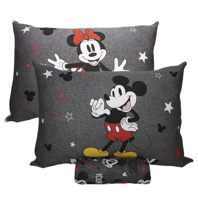 Jogo de Lençol KazzaVip Casal Malha Mista 70% Algodão e 30% Poliéster Joy Disney Mickey Minnie Bold 03 Peças Cinza