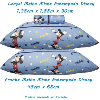 Jogo de Lençol KazzaVip Casal Malha Mista 70% Algodão e 30% Poliéster Estampado Disney Mickey Comics Kids 3 Peças Azul