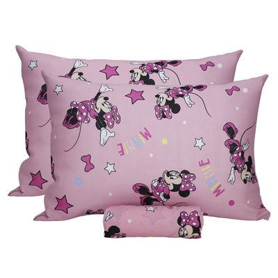 Jogo de Lençol KazzaVip Casal Malha Mista 70% Algodão e 30% Poliéster Estampado Disney Minnie Estrela Kids 3 Peças Rosa