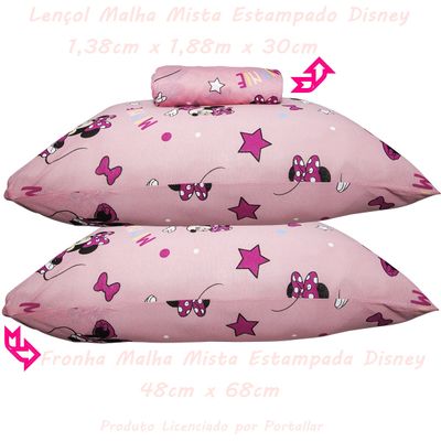 Jogo de Lençol KazzaVip Casal Malha Mista 70% Algodão e 30% Poliéster Estampado Disney Minnie Estrela Kids 3 Peças Rosa