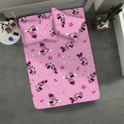 Jogo de Lençol KazzaVip Casal Malha Mista 70% Algodão e 30% Poliéster Estampado Disney Minnie Estrela Kids 3 Peças Rosa