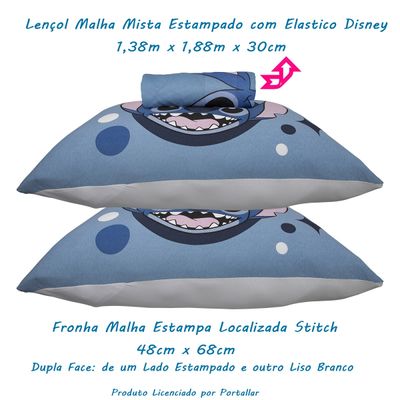 Jogo de Lençol KazzaVip Casal Malha Mista 70% Algodão e 30% Poliéster Joy Disney Big Stitch 03 Peças Azul