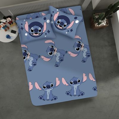 Jogo de Lençol KazzaVip Casal Malha Mista 70% Algodão e 30% Poliéster Joy Disney Big Stitch 03 Peças Azul