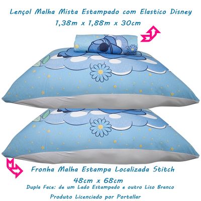 Jogo de Lençol KazzaVip Casal Malha Mista 70% Algodão e 30% Poliéster Joy Disney Stitch Dream 03 Peças Azul
