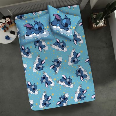 Jogo de Lençol KazzaVip Casal Malha Mista 70% Algodão e 30% Poliéster Joy Disney Stitch Dream 03 Peças Azul