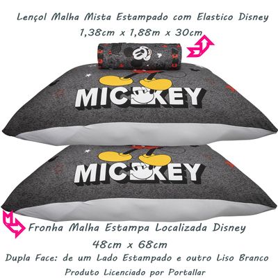 Jogo de Lençol KazzaVip Casal Malha Mista 70% Algodão e 30% Poliéster Joy Disney Mickey Minnie Bold 03 Peças Cinza