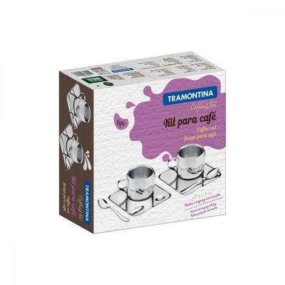 Kit para Cafe Tramontina em Aço Inox Acabamento Brilho com Xicara Pires Quadrado e Colher 6 Peças