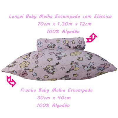 Jogo de Lençol KazzaVip Baby Malha 100% Algodão Berço Americano Estampado Nuvem e Unicórnio Com Elástico 2 Peças Rosa