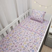 Jogo de Lençol KazzaVip Baby Malha 100% Algodão Berço Americano Estampado Nuvem e Unicórnio Com Elástico 2 Peças Rosa