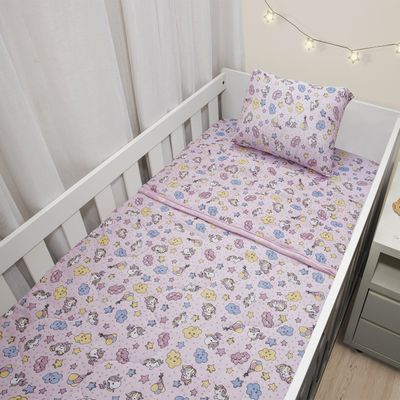 Jogo de Lençol KazzaVip Baby Malha 100% Algodão Berço Americano Estampado Nuvem e Unicórnio Com Elástico 2 Peças Rosa