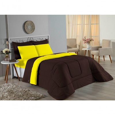 Edredom Casal Nobre 1 Peça Dupla Face 2,00m X 2,20m Malha 100% Algodão - Marrom / Amarelo