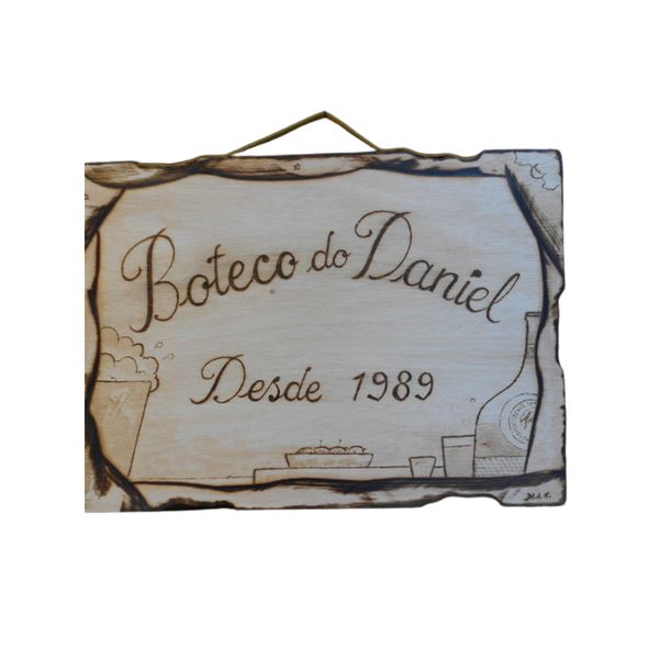 Placa Artesanal Pirografada Boteco Decorativo sala cozinha bar envernizada suporte em couro