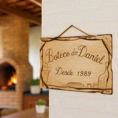 Placa Artesanal Pirografada Boteco Decorativo  sala cozinha bar envernizada suporte em couro