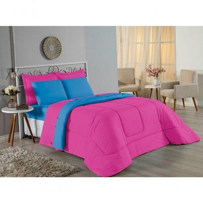 Kit Edredom Dupla Face  Jogo De Lençol Casal Viúva Nobre 7 Peças  100% Algodão - Pink  Turquesa