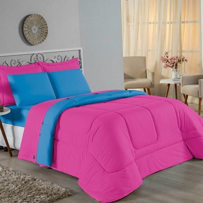 Kit Edredom Dupla Face  Jogo De Lençol Casal Viúva Nobre 7 Peças  100% Algodão - Pink  Turquesa