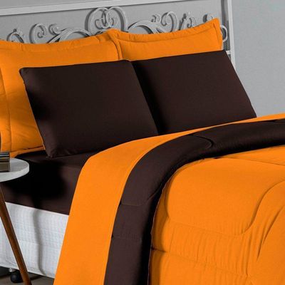 Kit Edredom Dupla Face  Jogo De Lençol Casal Viúva Nobre 7 Peças  100% Algodão - Laranja  Marrom