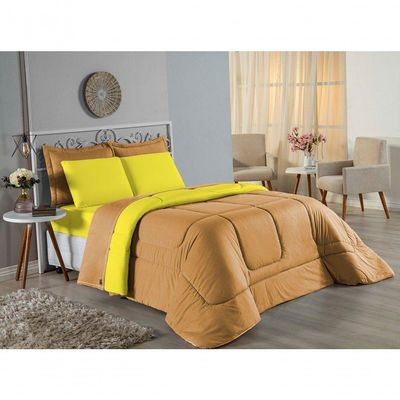 Kit Edredom Dupla Face  Jogo De Lençol Casal Viúva Nobre 7 Peças  100% Algodão - Cobre  Amarelo