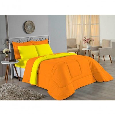 Kit Edredom Dupla Face  Jogo De Lençol Casal Viúva Nobre 7 Peças  100% Algodão - Laranja  Amarelo