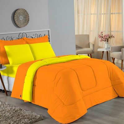 Kit Edredom Dupla Face  Jogo De Lençol Casal Viúva Nobre 7 Peças  100% Algodão - Laranja  Amarelo